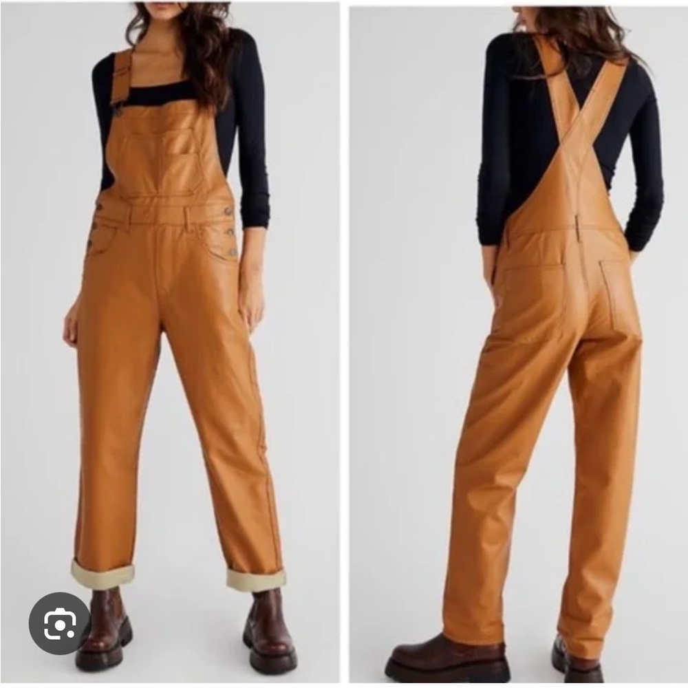Free people faux vegan leather Women's Tan Overalls - Picture 5 of 5